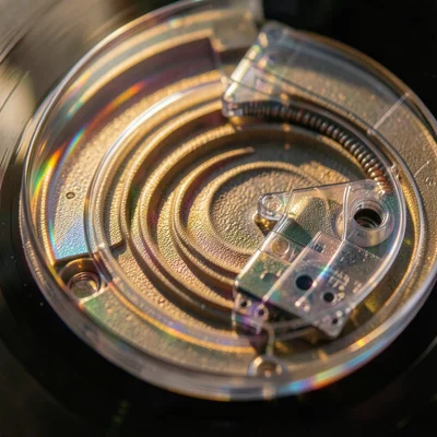Cassette tape mechanism visible through clear shell, capstan and pinch roller