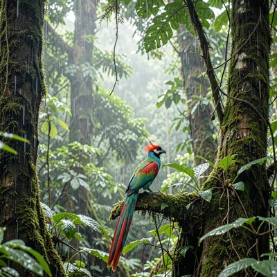 Monteverde cloud forest, filtered canopy light, Quetzal perched in understory, b