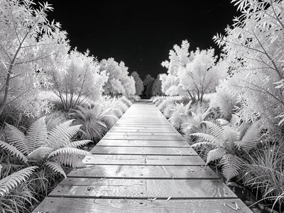 A wooden footbridge over a stream, planks rendered silver-grey, ferns glowing on