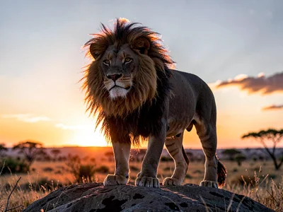 Lion standing on rock at dawn, mane turned to fire by backlight, body a powerful