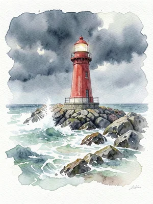A coastal lighthouse on a rocky point, surf crashing white against grey-green ro