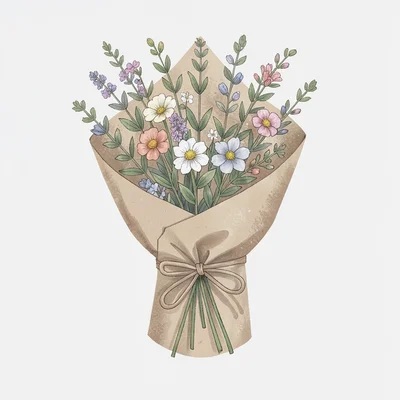Illustration of a stylized bouquet wrapped in kraft paper, flat herbal palette