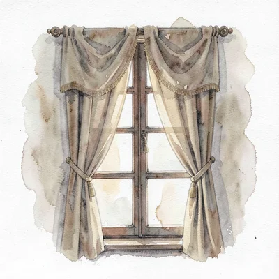 Atmospheric watercolor of a tall casement window with heritage curtains parted,