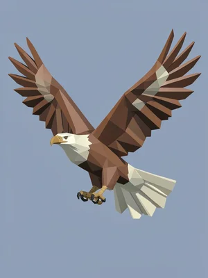 An eagle in mid-flight with wings spread, each feather group a distinct angled f