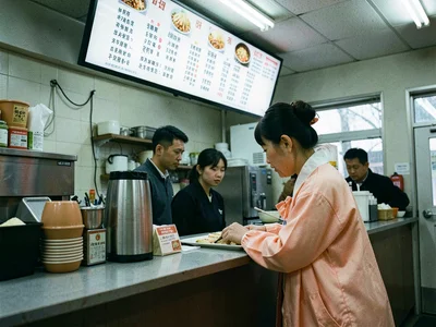 Person in peach hanbok ordering at fast food counter, menu board glowing above
