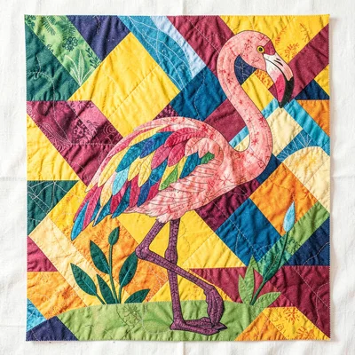 Panamanian mola textile illustration, a flamingo standing with feather layers vi