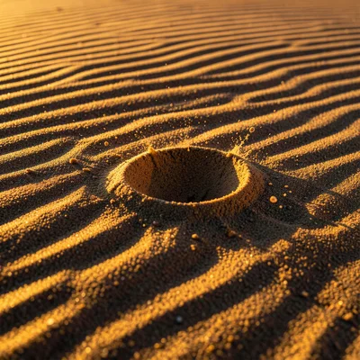 Sand splash crater, circular depression with raised rim where raindrop impacted,