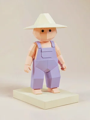 Overalled peach lowpoly farmer character with chunky lavender overalls and a tri