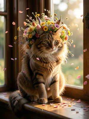 Cat with a mane of wildflowers, sitting in a windowsill, afternoon light, petals