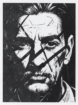 Close-up portrait face with deep carved diagonal shadow marks across features