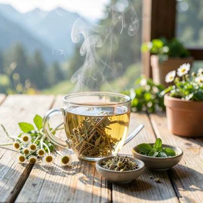 Fresh Alpine atmosphere, gentle pastoral quality, Herbal tea steeping in glass c