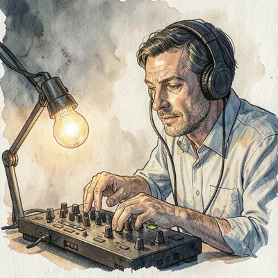 Hands-only lamp-line study of a host adjusting fader and headphone volume, warm 