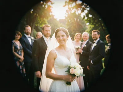 Wedding through Holga lens - bride soft-focused into dream, vignette darkening t