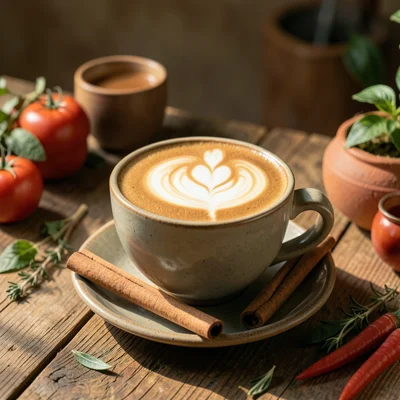 Chai latte art in a wide ceramic cup, cinnamon stick on saucer, warm tones