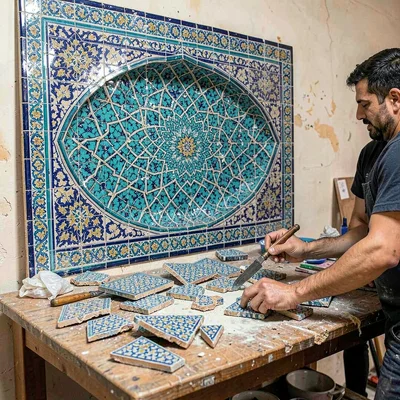 Isfahan Safavid tilework, turquoise geometric infinity, Broken tile fragments ar