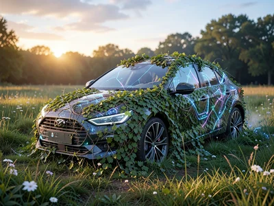 Electric car overgrown with ivy, parked in a meadow, nature and technology mergi
