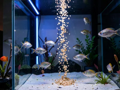 Feeding time ritual, flakes floating down through water column, fish rising eage