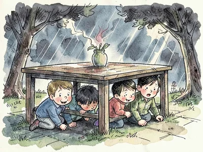 Children hiding under table in storm