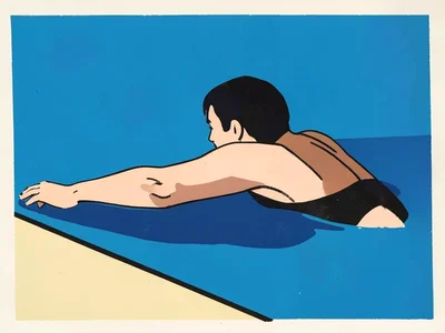 Swimmer at pool edge, arm reaching forward, water as flat blue rectangle