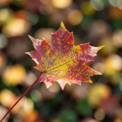 Close-up of single maple leaf in red-to-yellow gradient, autumn detail