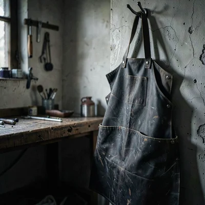 Charcoal of a worn leather apron hanging on a hook beside a workbench
