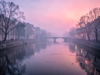 Dawn warming cold fog creating pink tones