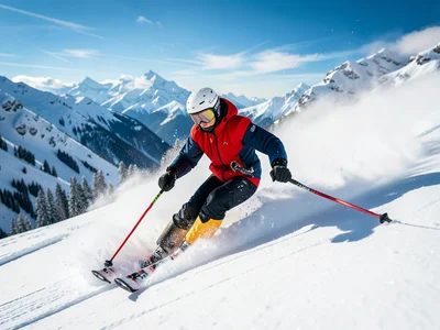 Skier carving through fresh powder on a steep slope, snow spray, mountain panora