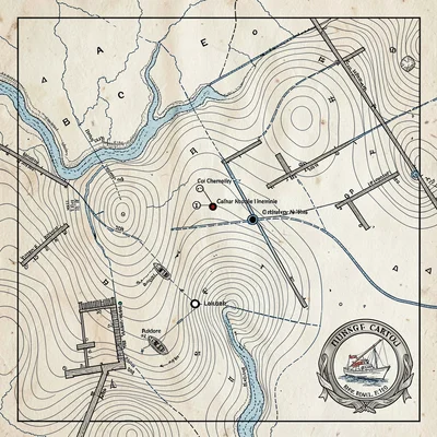 A nautical inland-lake fishing chart with depth contours, fishing-spot markers,