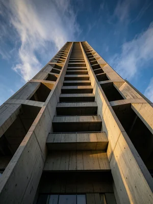 The Trellick Tower from below, looking up along the raw concrete shaft, balconie