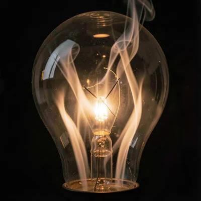 A hot lightbulb filament glowing, surrounded by rising thermal columns through t