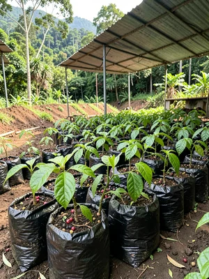 Coffee Seedling Nursery with Rows of Young Plants in Bags