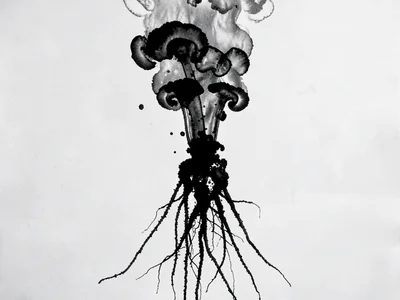 Ink tendrils reaching downward like roots