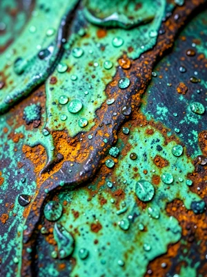 Copper garden sculpture developing spring-green verdigris patina, rain droplets