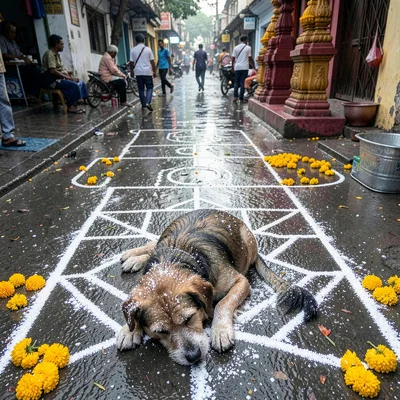 Looking down at Chennai's overlooked patterns, Street dog sleeping on a kolam, t