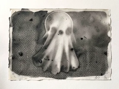 Monoprint with heavy texture from pressing burlap into wet ink, fabric weave pat