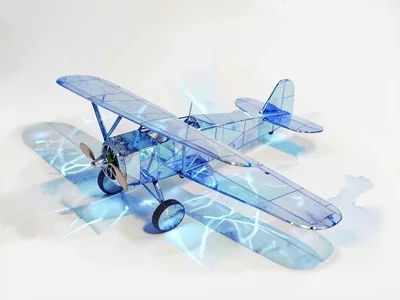 Translucent sapphire lowpoly biplane with a faceted fuselage and crisp blue caus