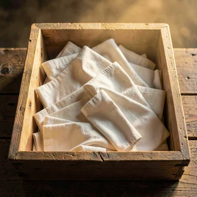 Warm overhead of a low wooden crate filled with sleeves, golden glow pooling at 