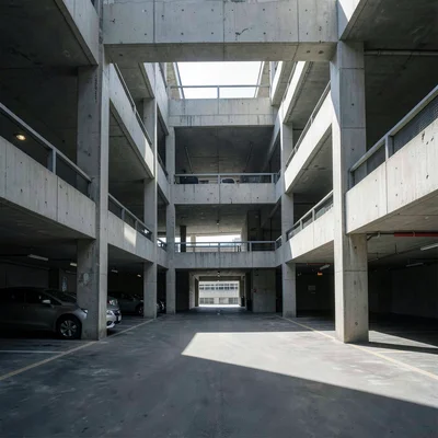 Multiple levels visible through central void of parking structure