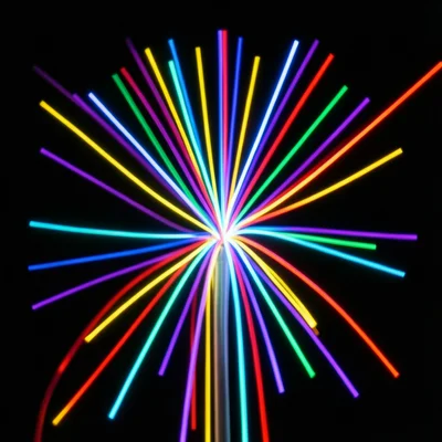 Fiber optic bundle end-on, each fiber a different color, pure abstract light