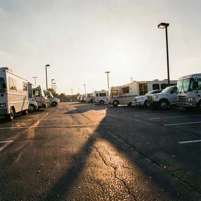 Austin parking lot at golden hour with warm lamp glow on asphalt, long shadows o