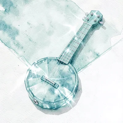 Cut aquamarine lowpoly banjo with a circular faceted body and slim neck throwing