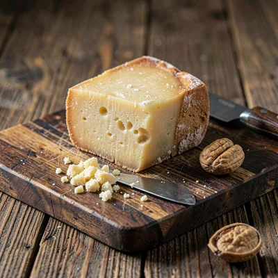 Wedge of aged Parmesan on a dark wood board with a small heap of crumbled shards