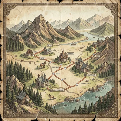 Fantasy map illustration, a trade route map connecting major cities with distanc