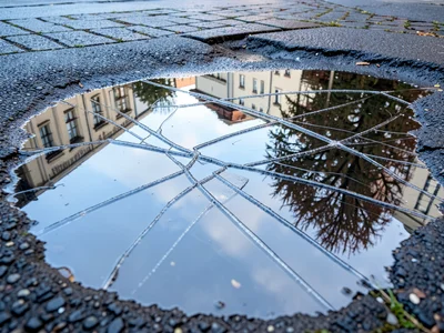 Frozen puddle with crack pattern, ice fractures creating web over the trapped re