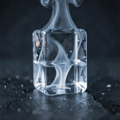 Ice cube on a dark surface with cold air density gradient sinking visibly downwa
