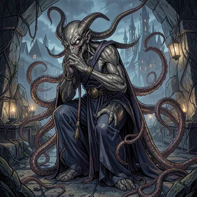 RPG sourcebook illustration, a mind flayer in contemplation, tentacles writhing,
