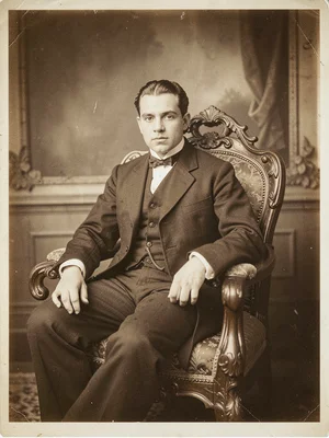 A formal Victorian-era studio portrait — subject seated in carved chair, painted
