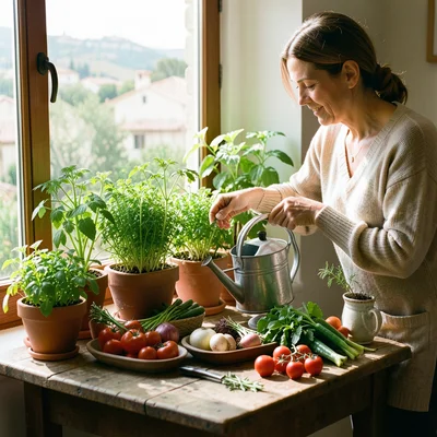 Person tending indoor herb garden on sunny apartment windowsill, watering can