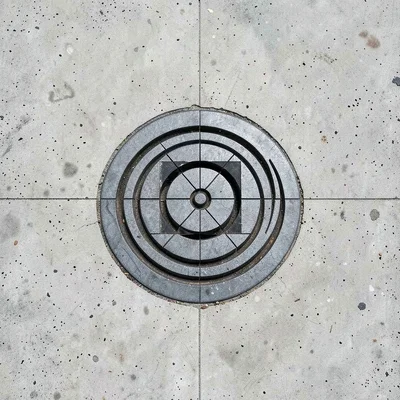 Circular manhole cover on concrete, concentric ring geometry, top-down view