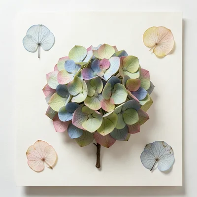 A single large pressed hydrangea head, the individual florets visible, colors fa